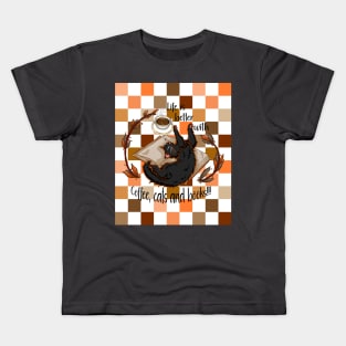 Life is better with coffee, cats and books - Black cat checkers Kids T-Shirt